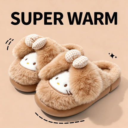 2026 Cute Bow Cat Cartoon Plush Slippers Women Men Winter Warm Thick Sole House Shoes Indoor Fuzzy Comfortable Soft Home Slides