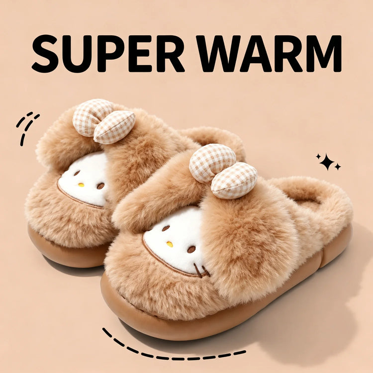 2026 Cute Bow Cat Cartoon Plush Slippers Women Men Winter Warm Thick Sole House Shoes Indoor Fuzzy Comfortable Soft Home Slides