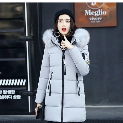 Women Winter Fur Collar Hooded Parka Coats Fashion Letter Patch Zipper Long Jacket Elegant Slim Warm Thick Female Snow Outerwear