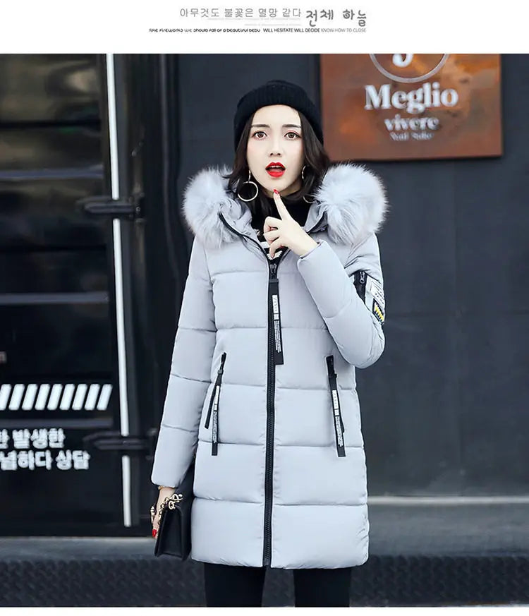 Women Winter Fur Collar Hooded Parka Coats Fashion Letter Patch Zipper Long Jacket Elegant Slim Warm Thick Female Snow Outerwear
