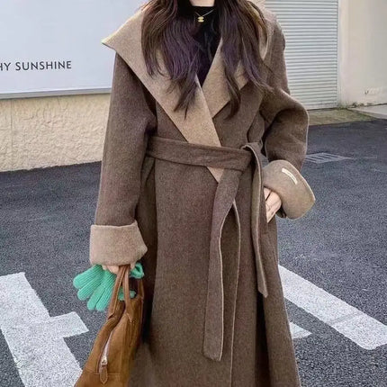 UCXQ Color Blocked Double Sided Wool Coat For Women Hooded Long Sleeved Belt Cardigan Coats 2025 Autumn Winter New Tide 23Z3934