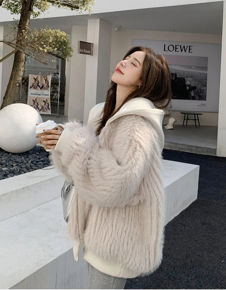 ZADORIN New Luxury Brands Trimmed Faux Fur Jacket Woman Fashion Hooded Casual Oversized Puffy Fox Fur Faux Coat Winter Clothes
