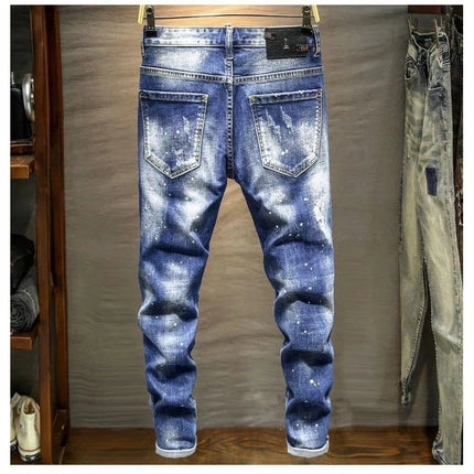 Spring and Autumn New Fashion Trend Ripped Retro Straight Leg Blue Jeans Men's Casual Loose Comfortable Breathable Denim Pants PlatiNum