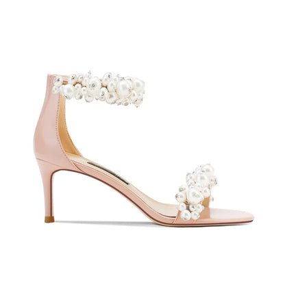 Summer new leather pearl ribbon sexy open-toe wedding shoes thin high-heeled banquet dress small size bag heel women's sandals