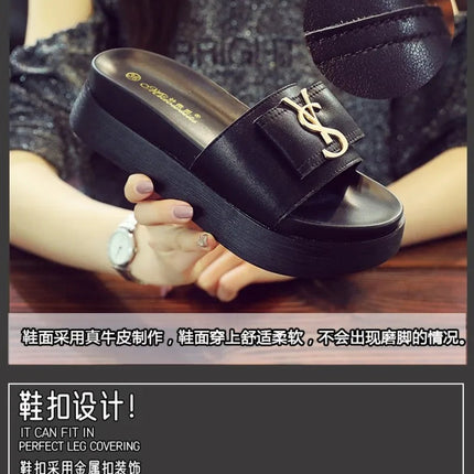 2025 Summer New Women's Fashion Letter Designer Sandals Casual Thick Bottom Round Toe Leather Beach Shoes Женские Сандалии PlatiNum