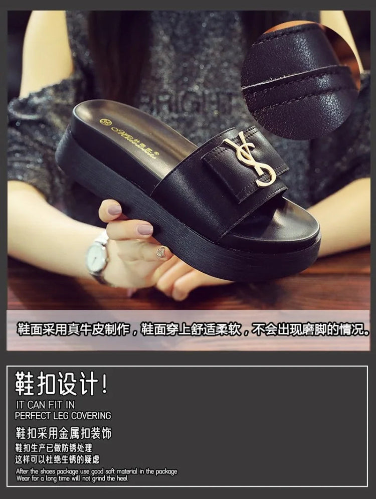 2025 Summer New Women's Fashion Letter Designer Sandals Casual Thick Bottom Round Toe Leather Beach Shoes Женские Сандалии PlatiNum