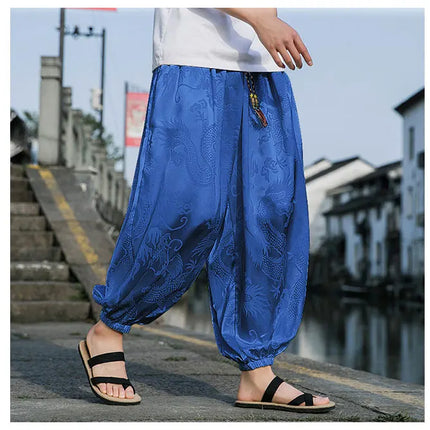 Vendite calde Pantaloni Da Uomo 2024 Nuovo Drago di Seta del Ghiaccio Fiore Scuro Bloomers Moda Allentata Gamba Larga Casual di Alta Qualità Pantaloni Maschili di Marca