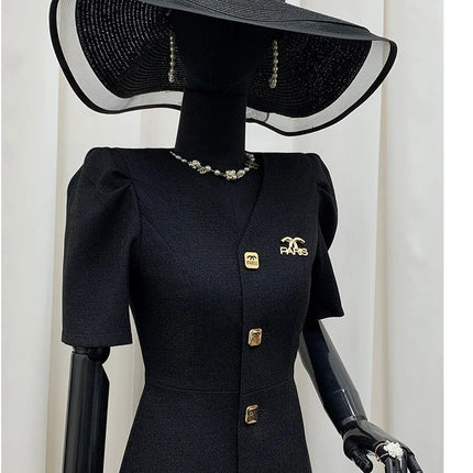 Women's Lautaro Spring-Summer Black Slim Elegant Dresses, V-Neck with Puff Short Sleeves and Buttons, Chic Luxury Designer Clothing