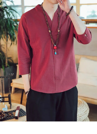Kimono estivo stile giapponese manica corta uomo nuovo cotone a mezza manica lino traspirante abbigliamento uomo t-shirt giapponese Yukata top