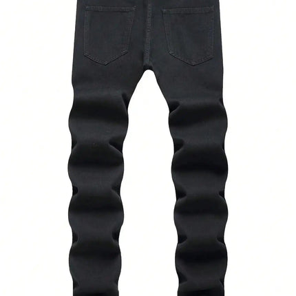 Single piece of trendy streetwear: straight-cut ripped denim jeans in black. PlatiNum