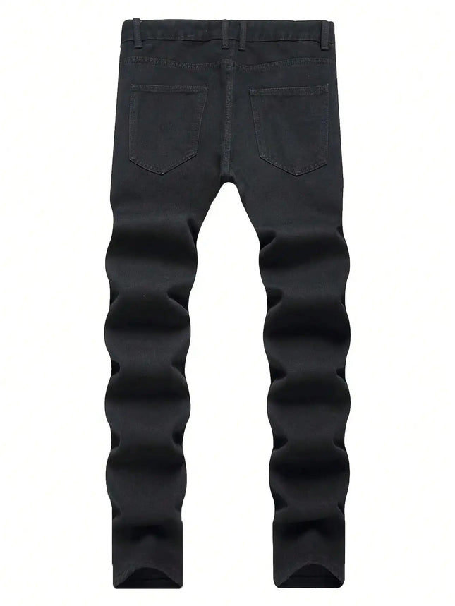 Single piece of trendy streetwear: straight-cut ripped denim jeans in black. PlatiNum