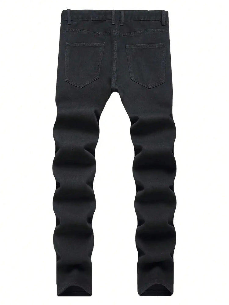 Single piece of trendy streetwear: straight-cut ripped denim jeans in black. PlatiNum