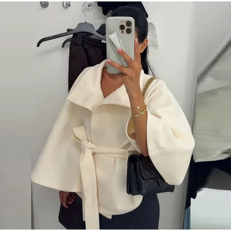 Faux Fur Cloak Jackets Women Loose Standneck Three Button Wide Sleeves Belt Coats Female 2026 Autumn Solid Chic Fashion Outwears