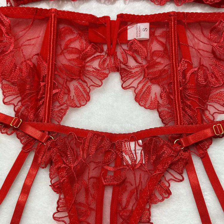 Red Lace Embroidery Bra Set 5-Piece Lingerie Comfortable Push Up Underwear