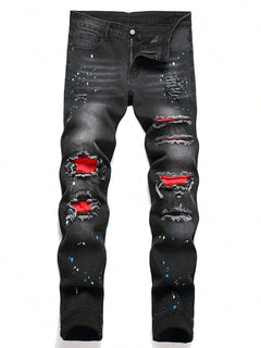 Men y2k Stretchy Skinny Denim Jeans For Men Casual pants Ripped Patchwork Hole Slim Fit Denim Hip Hop Black Straight Trousers