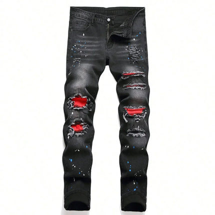 Men y2k Stretchy Skinny Denim Jeans For Men Casual pants Ripped Patchwork Hole Slim Fit Denim Hip Hop Black Straight Trousers PlatiNum