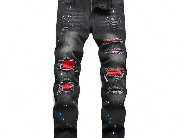 Men y2k Stretchy Skinny Denim Jeans For Men Casual pants Ripped Patchwork Hole Slim Fit Denim Hip Hop Black Straight Trousers PlatiNum