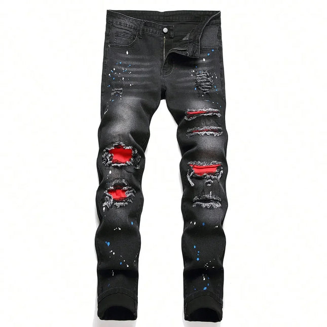 Men y2k Stretchy Skinny Denim Jeans For Men Casual pants Ripped Patchwork Hole Slim Fit Denim Hip Hop Black Straight Trousers PlatiNum