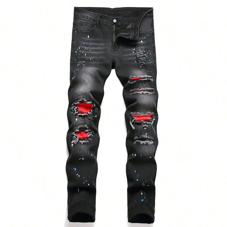 Men y2k Stretchy Skinny Denim Jeans For Men Casual pants Ripped Patchwork Hole Slim Fit Denim Hip Hop Black Straight Trousers PlatiNum