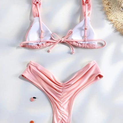 Set Bikini Sexy con Pieghe, Micro Bikini Tinta Unita, Costume da Bagno Femminile a Triangolo, Abbigliamento da Spiaggia platinumshop