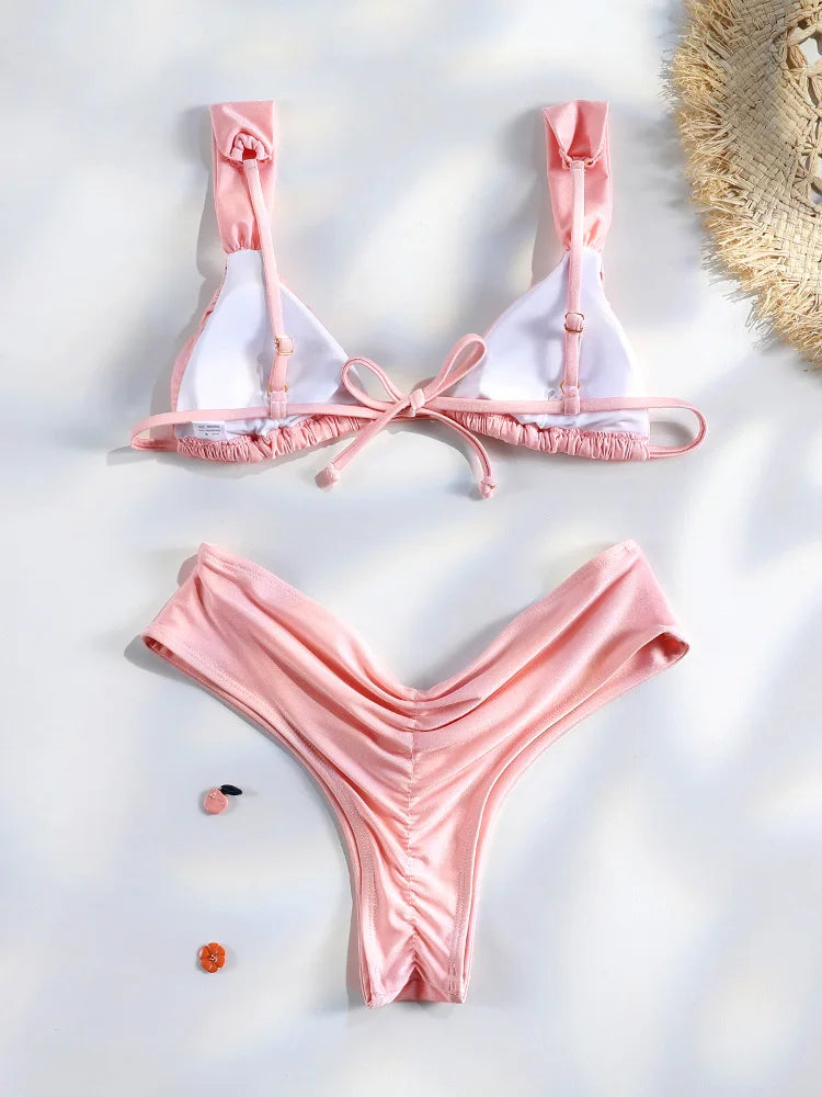 Set Bikini Sexy con Pieghe, Micro Bikini Tinta Unita, Costume da Bagno Femminile a Triangolo, Abbigliamento da Spiaggia platinumshop