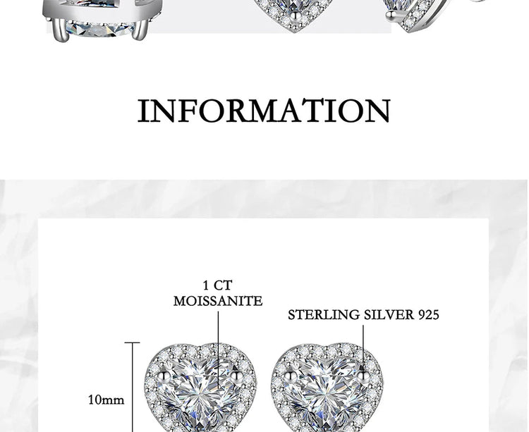 PERFANY 0.5CT-2CT Heart-Shaped Cut Moissanite Earrings For Women S925 Pure Silver Simulated Diamond Earrings Fashion Jewelry PlatiNum