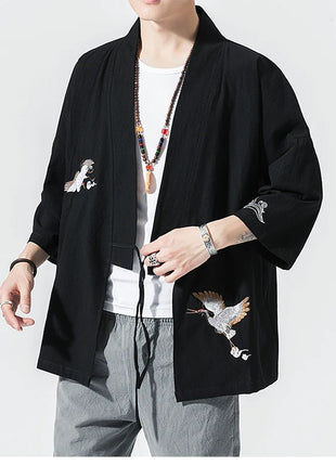 Camicie gru ricamate stile cinese retrò cotone lino Tang vestito Cardigan Mens tradizionale Kung Fu Tai Chi Casual Top camicette