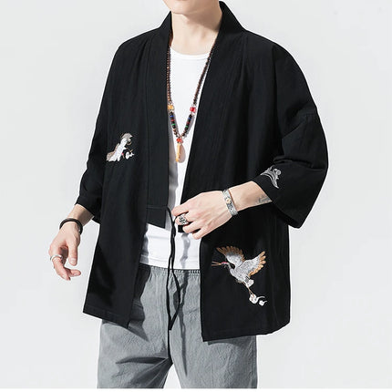 Camicie gru ricamate stile cinese retrò cotone lino Tang vestito Cardigan Mens tradizionale Kung Fu Tai Chi Casual Top camicette
