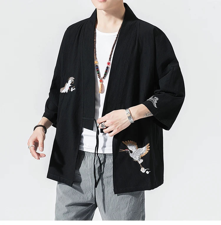 Camicie gru ricamate stile cinese retrò cotone lino Tang vestito Cardigan Mens tradizionale Kung Fu Tai Chi Casual Top camicette