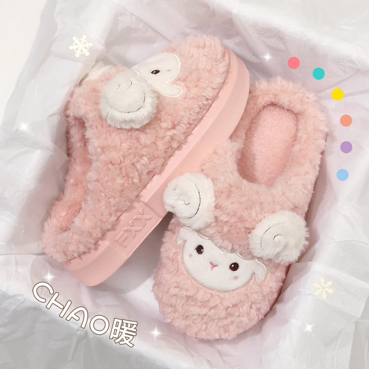 Cute Little Sheep Plush Slippers Women Winter Warm Thick Soft Sole House Shoes Indoor Fuzzy Non-Slip Comfortable Home Slides