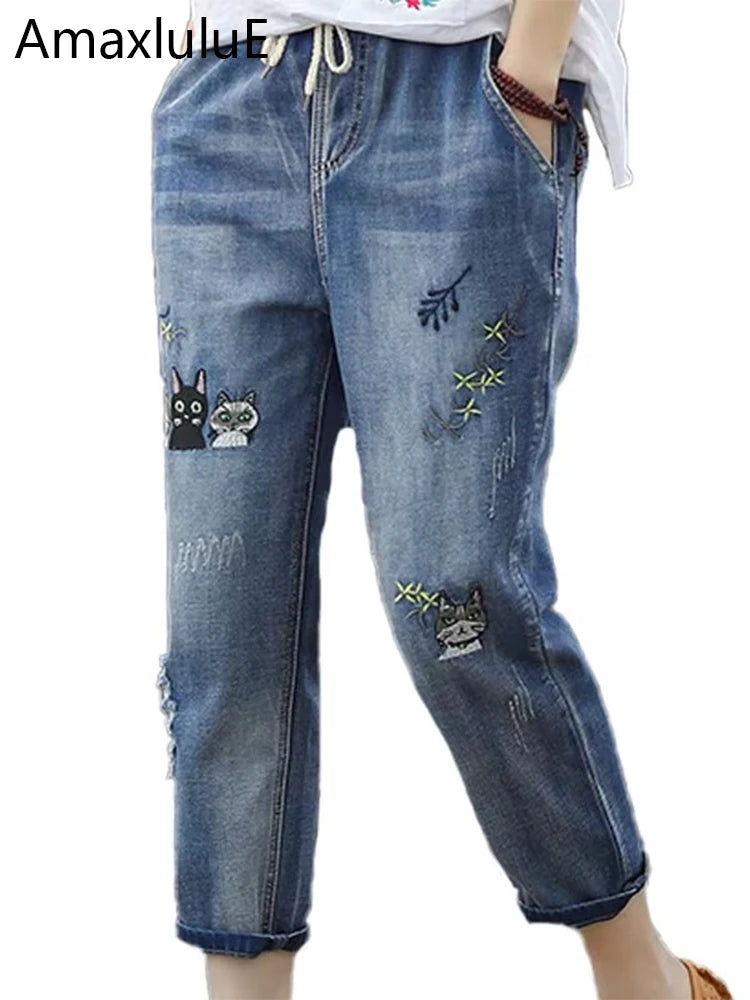 Amax luluE 2025 Moda Estate Streetwear Pantaloni in denim Donna Vintage Jeans elastici Donna Casual Allentato Ricamo Pantaloni Harem
