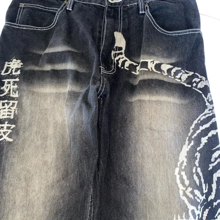 Y2K American New Fashion Tiger Print Jeans larghi Donna High Street Harajuku Wind Trend Casual Joker Pantaloni a gamba larga a vita alta