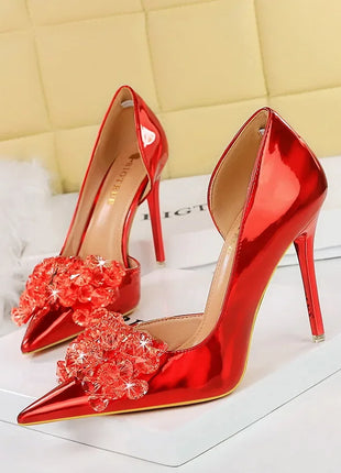 BIGTREE Scarpe con fiocco in strass Décolleté da donna Scarpe da banchetto di lusso Tacchi alti sexy Scarpe da festa con tacco a spillo da donna di grandi dimensioni 41 42 43