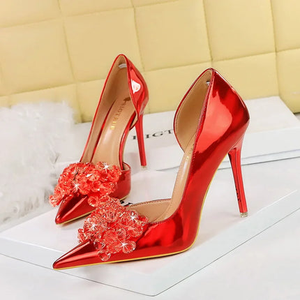 BIGTREE Scarpe con fiocco in strass Décolleté da donna Scarpe da banchetto di lusso Tacchi alti sexy Scarpe da festa con tacco a spillo da donna di grandi dimensioni 41 42 43