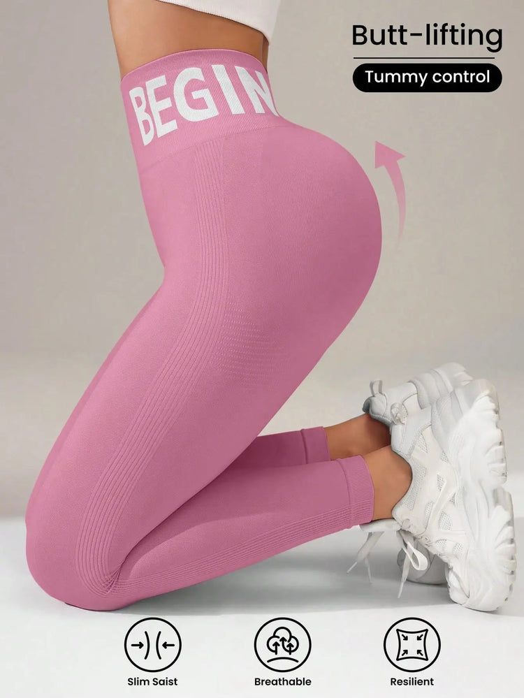 European and American Seamless Yoga Leggings with Waistband Lettering, Butt-Lifting, Quick-Dry Women's Breathable Tights for Pea PlatiNum