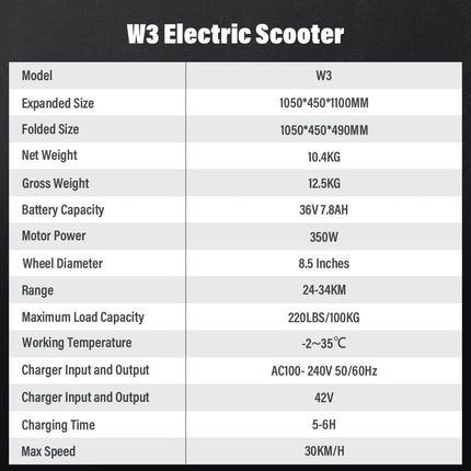 Pneumatico per scooter elettrico W3 da 8,5 pollici Motore da 350 W Batteria 36V7.8Ah Portata 24-34 km Velocità 30 km/h Azionamento posteriore E Scooter con app