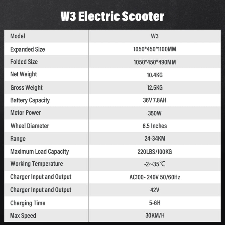 Pneumatico per scooter elettrico W3 da 8,5 pollici Motore da 350 W Batteria 36V7.8Ah Portata 24-34 km Velocità 30 km/h Azionamento posteriore E Scooter con app
