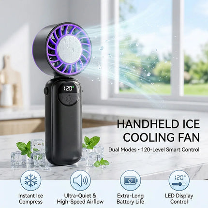 Ventilatore personale ad alta velocità dotato di impacco di ghiaccio in gel riutilizzabile, mini ventilatore portatile leggero per l'estate, ufficio, viaggi, campeggio, uso quotidiano all'aperto e al chiuso.