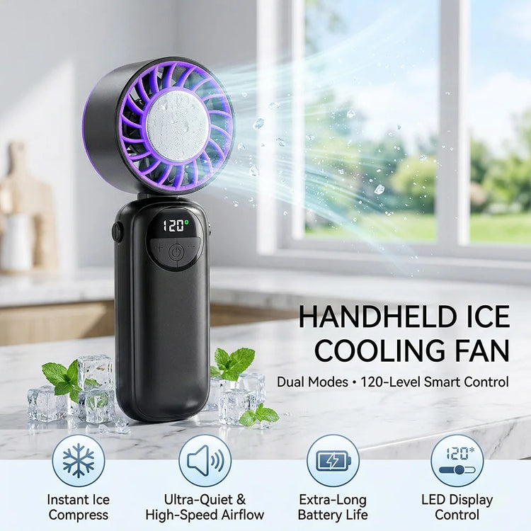 Ventilatore personale ad alta velocità dotato di impacco di ghiaccio in gel riutilizzabile, mini ventilatore portatile leggero per l'estate, ufficio, viaggi, campeggio, uso quotidiano all'aperto e al chiuso.