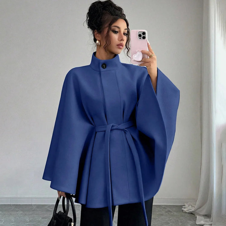 Wool Coat Women Autumn Winter Woolen Jacket Batwing Sleeve Button Lace Up Blends Turtleneck Overcoat Office Lady Outerwear