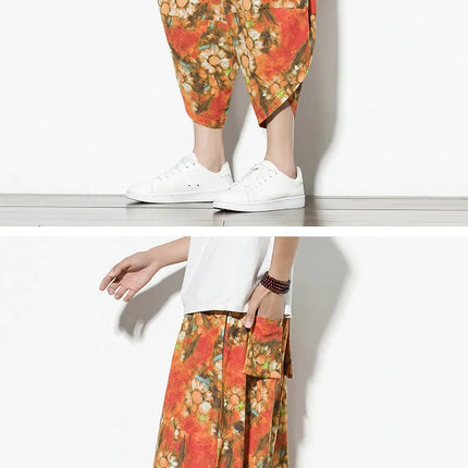 Pantaloncini Estivi Harajuku Larghi Stampati Traspiranti Casual a Lunghezza Polpaccio in Cotone Oversize da Uomo