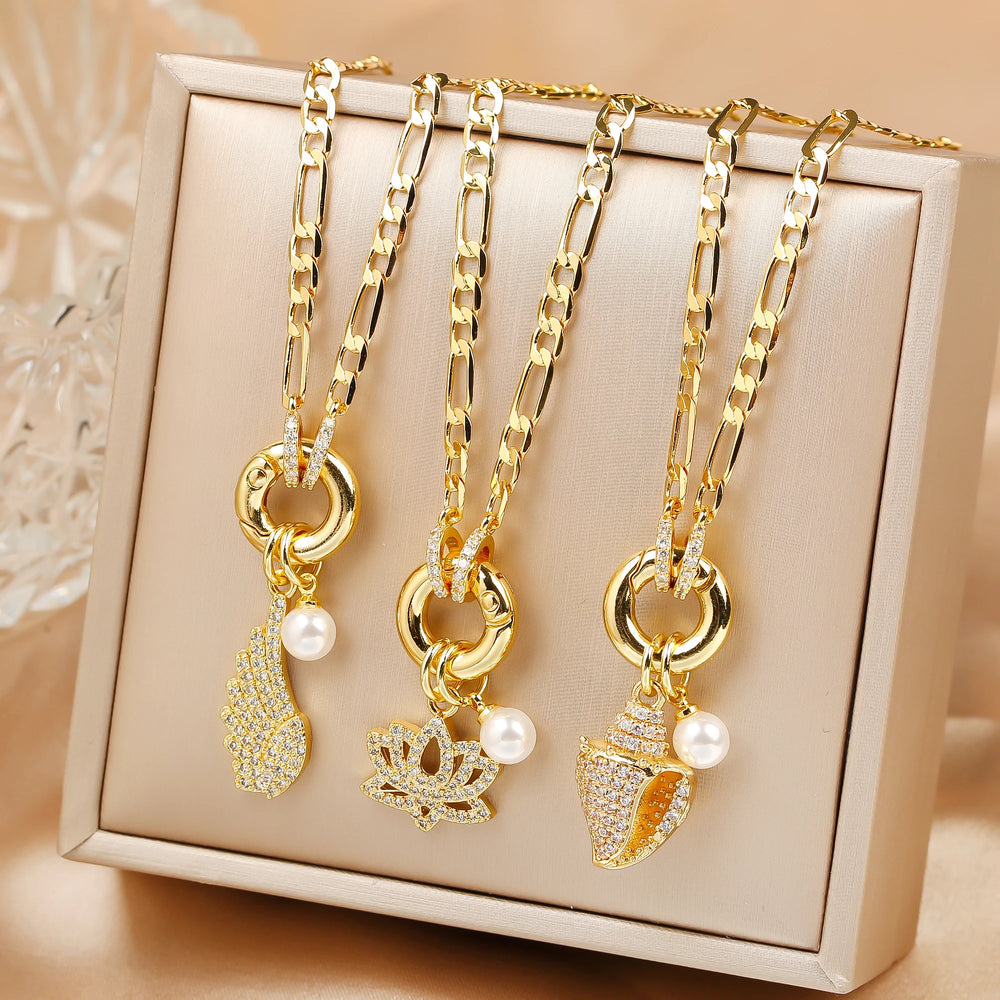 Nuova collana creativa con ciondolo a tema ali di fiori di conchiglia di zirconi lucidi Nuova moda donna accessori per gioielli per le vacanze femminili