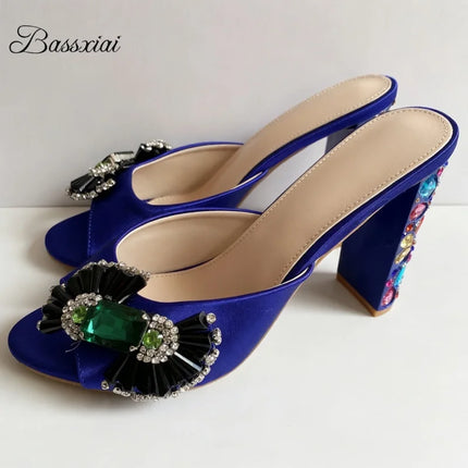 Sandali con tacco alto da donna estivi in seta blu con strass colorati e decorazioni a nodo a farfalla in cristallo per ragazze