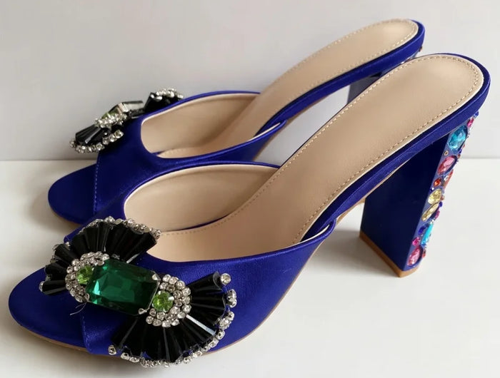 Sandali con tacco alto da donna estivi in seta blu con strass colorati e decorazioni a nodo a farfalla in cristallo per ragazze