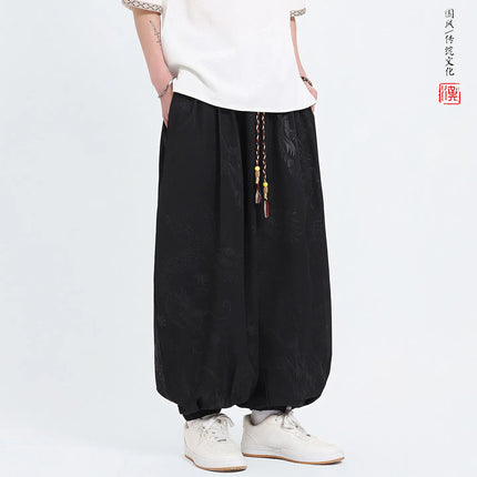 Pantaloni Estivi da Uomo Stile Cinese in Seta Ghiaccio con Motivo Drago Ukiyo-e, Comodi e Trendy, Pantaloni Casual Oversize da Uomo