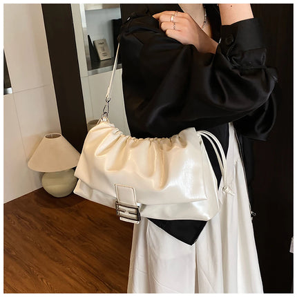 Women's Large Capacity Casual Single Shoulder Bag Soft Leather Cloud Pleated Drawstring Tote Bag Fashion Versatile Underarm Bag