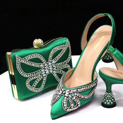 Venus Chan New Elegant Green Bling Bow décolleté con punta a punta per le donne 2024 Party italian strass scarpe e borse set coordinato