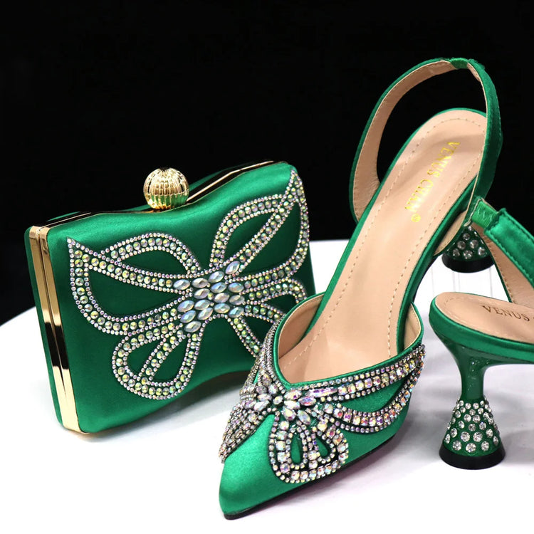 Venus Chan New Elegant Green Bling Bow décolleté con punta a punta per le donne 2024 Party italian strass scarpe e borse set coordinato