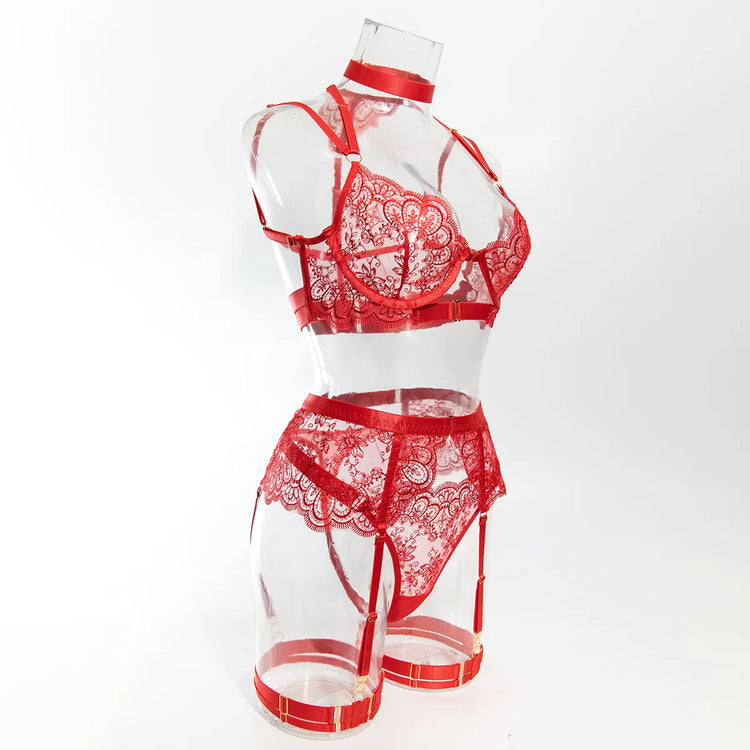 2024 New Erotic Set See-Through Embroidered Sexy Eyelash Lace Body Shaping Lingerie Five-Piece Set Women Onlyfan