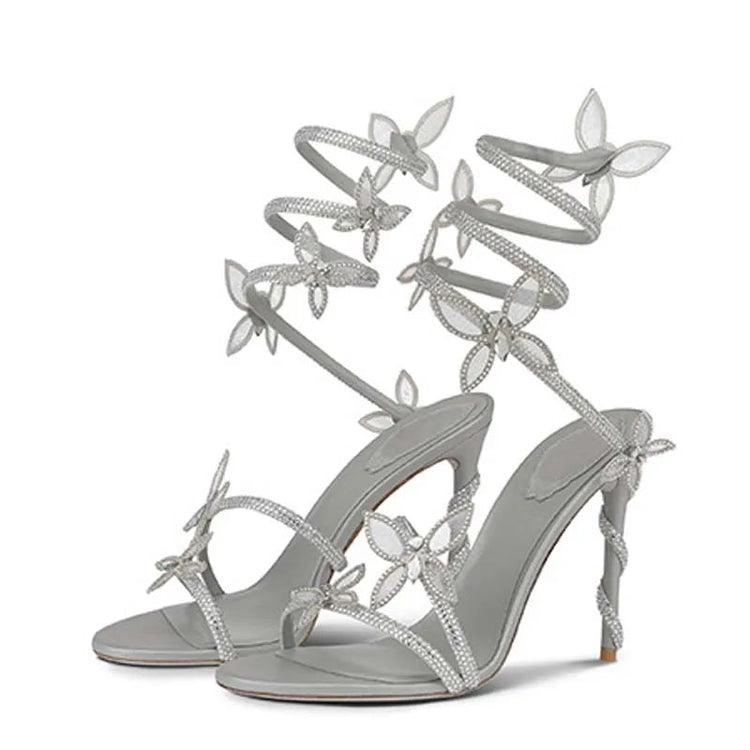 Eilyken Sexy CRYSTAL Flower Thin High Heels Women Sandals Street Style Narrow Band Ankle Strap Pole Dancing Ladies Shoes PlatiNum
